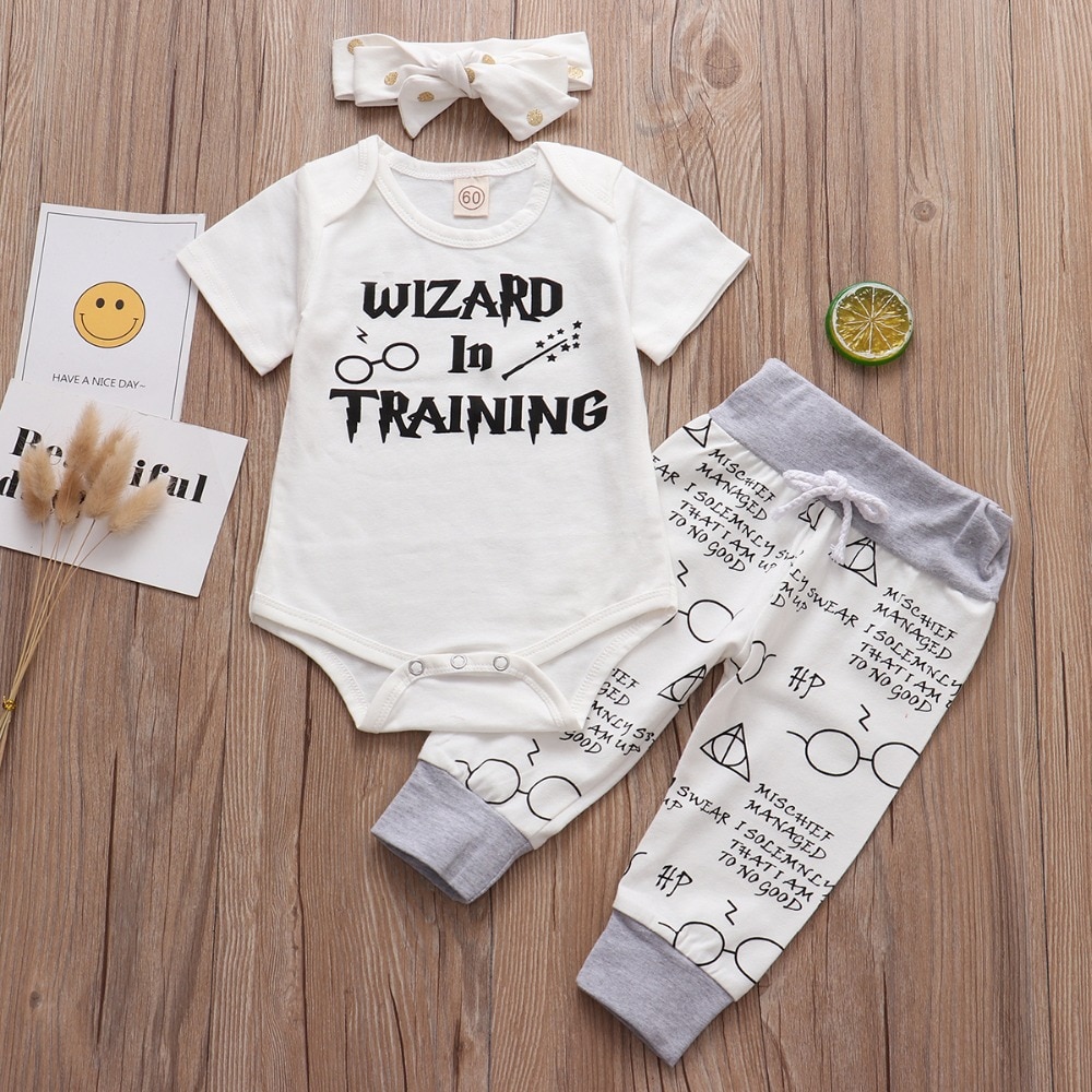 2019 New Infant baby clothing set Little Wizard has arrived Outfit Romper+pants+Hat 3PCS Baby Clothes outfits