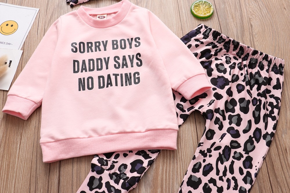 3PCS Infant Baby Girls Clothing Sets 6M-4T 2020 Sping Daddy Says No Dating Tops+Leopard Pants+Headband Toddler Girls Outfits