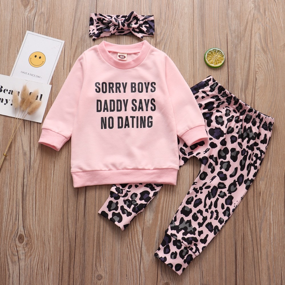 3PCS Infant Baby Girls Clothing Sets 6M-4T 2020 Sping Daddy Says No Dating Tops+Leopard Pants+Headband Toddler Girls Outfits