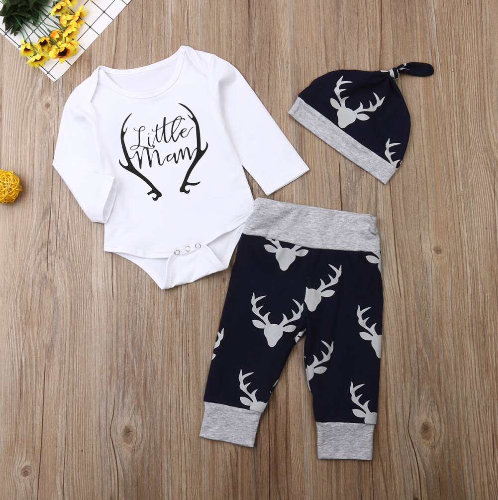 2020 New Fashion 3PCS Newborn Baby Boy Clothes Costume Little Man Romper+Deer Leggings+Hat Warm Outfit Baby Boy Infant Clothes