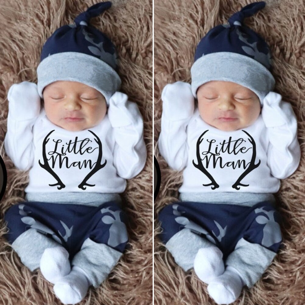 2020 New Fashion 3PCS Newborn Baby Boy Clothes Costume Little Man Romper+Deer Leggings+Hat Warm Outfit Baby Boy Infant Clothes