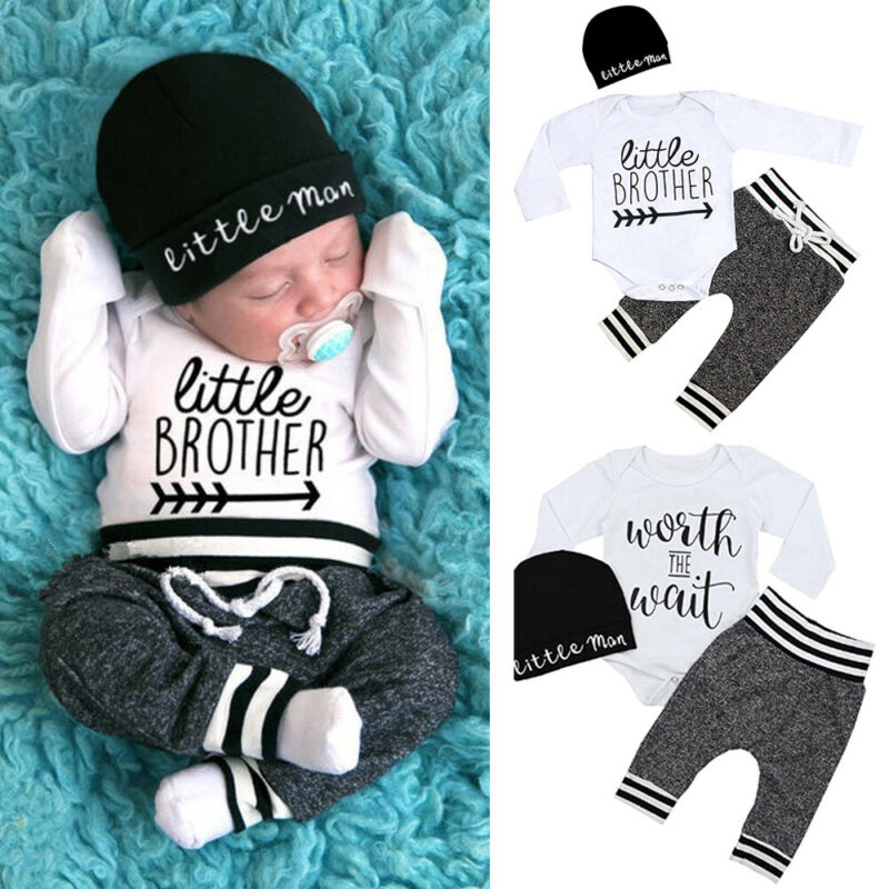 Jurebecia Toddler Newborn Baby Boy Clothes Long Sleeve Letter Print Romper+Long Pants+Hat 3PCS Outfits Set