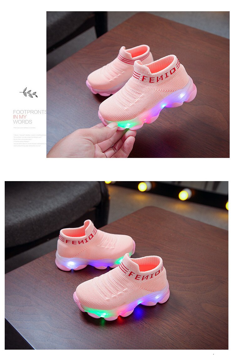 Kids Sneakers Children Baby Girls Boys Letter Mesh Led Luminous Socks Sport Run Sneakers Shoes Sapato Infantil Light Up Shoes