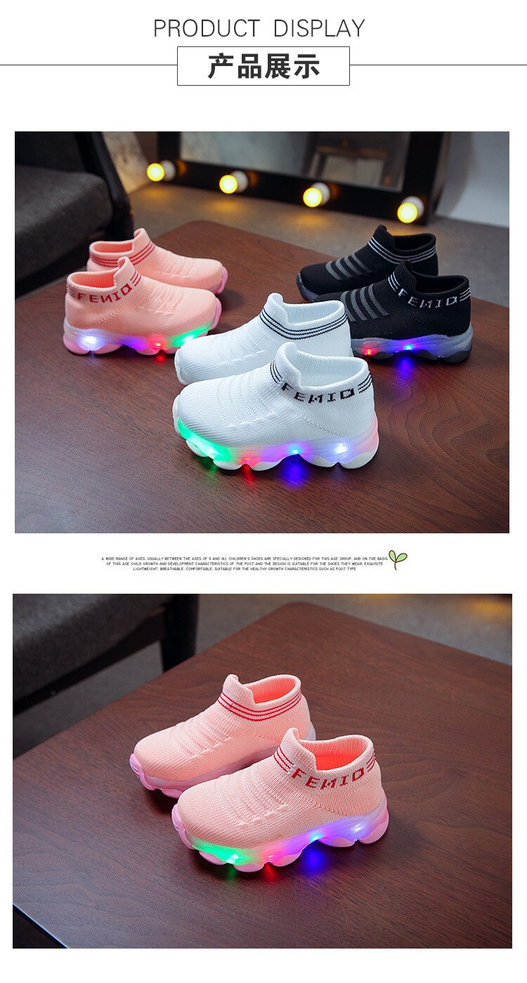 Kids Sneakers Children Baby Girls Boys Letter Mesh Led Luminous Socks Sport Run Sneakers Shoes Sapato Infantil Light Up Shoes