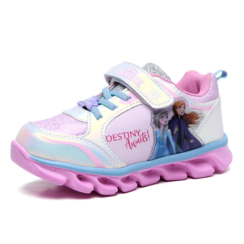 Disney girls sports shoes spring summer new high-top children's casual shoes LED light rubber artificial leather elsa shoes
